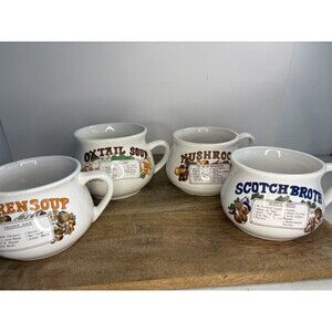 Vintage Recipe Soup Mug Set Chicken Oxtail Mushroom Scotch Brote 4 Mugs Mint